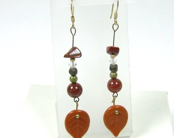 Destash Earrings, Carnelian, Unakite, Poppy Jasper, Swarovski Crystal, Bronze Bead, Sienna Glass Leaf, Russet, Dark Orange, Sienna on Gold