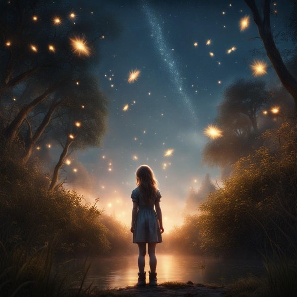 Girl surrounded by fireflies, looking up into the night sky