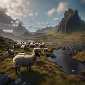 May include: A flock of white sheep with black faces and legs grazing on a grassy hillside next to a calm river. In the background, tall, jagged mountain peaks rise under a sky filled with scattered white clouds and soft sunlight.
