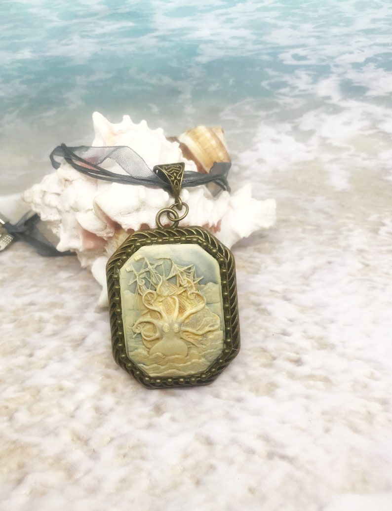 Octopus Necklace Kracken and Ship Cameo Necklace