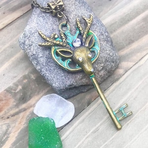 Deer Antler Necklace, Skeleton Key Necklace, Stag Antler Necklace EB