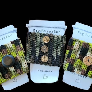 Camo Green Coffee Mug Sweater For Hot or Cold Drink, Cup Sleeve. Employee gifts.