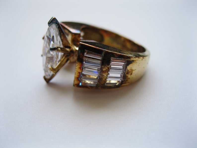 Cubic Zirconia Large Gold Plated Sterling Silver Ring Size 6