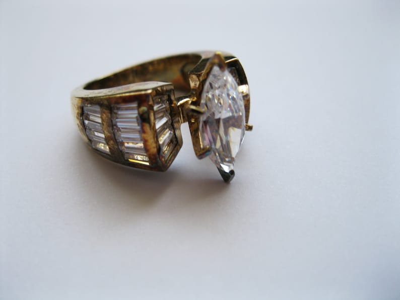 Cubic Zirconia Large Gold Plated Sterling Silver Ring Size 6