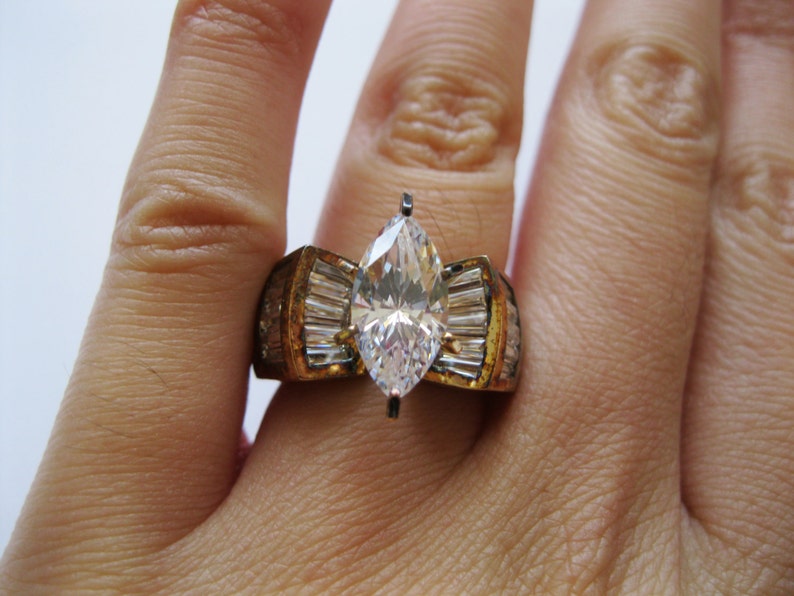 Cubic Zirconia Large Gold Plated Sterling Silver Ring Size 6