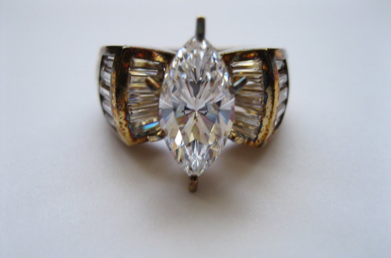 Cubic Zirconia Large Gold Plated Sterling Silver Ring Size 6