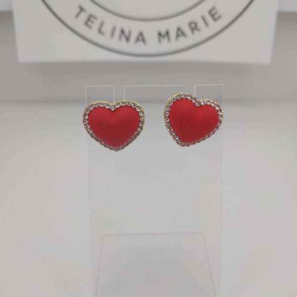 Gold and Red Heart Hypoallergenic (Plastic) Stud Valentine Earrings