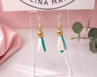 Teal, White, and Gold Tassel Dangle Drop Down Earrings with Hypoallergenic (Plastic) Posts