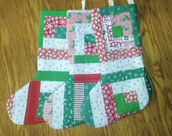 Handmade Patchwork Quilt Christmas Stocking - Red Green White - Holiday Gift - Wedding Housewarming Present - Christmas 2022