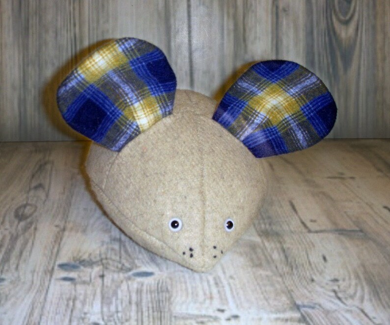 Handmade Upcycled Mouse Recycled Fabric Mouse Wool and Flannel Mousie Eco Friendly Toy Rustic Nursery Decor Mouse Pillow image 4