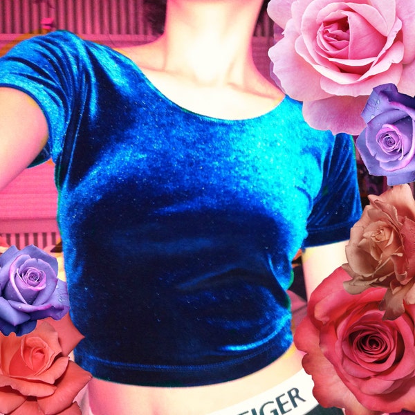 SALE: Vtg 90s electric blue VELVET crop top. XS vintage SeaPunK club kid raver  belly button shirt tight small perfect fuzzy tee kawaii