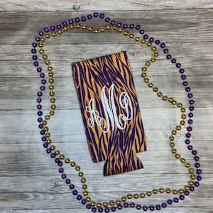 Monogrammed Purple and Gold Tiger Stripe Insulated Can Cooler for 12oz Slim Can