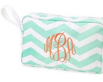 Monogrammed Mint Chevron Cosmetic Bag  Accessory Bag