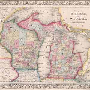 19th Century County Map of Michigan and Wisconsin Print Reproduction, Michigan Map, Wisconsin Map, Great Lakes, Black and White, Sepia