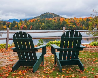 Adirondack Chairs on Mirror Lake, Lake Placid, NY, New York, Upstate, Autumn, Fall, Folige, Mountains, Mirror Lake, Adirondacks, Chairs