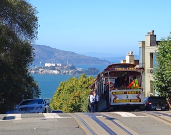 Trolley Descending into San Francisco, San Francisco Photography, San Francisco Art, San Francisco print, San Francisco Decor, Alcatraz