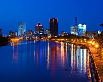 Rochester NY Print, New York, Rochester Skyline, genesee river, Dusk