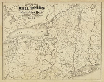 1877 Railroad Map of New York State print reproduction, Railroad Map, Train Map, New York Map, New York State, 1877, Sepia, Black and White