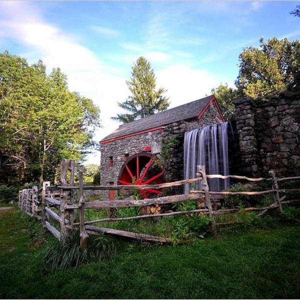 The Grist Mill, Sudbury MA, waterfall, Wayside Inn, Water Wheel, New England, Mill photography, mill print, mill art, metro west