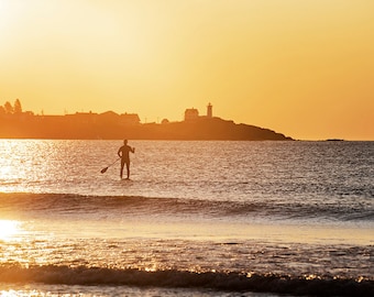 Paddle Border on York Beach at sunrise, York Maine, York ME, Paddle Boarder, Paddle Boarding, Nubble Lighthouse, Cape Neddick