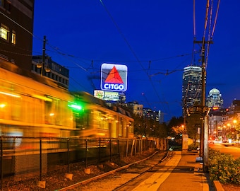 Green Line Train on the Move, Commonwealth Ave, Kenmore Square, Citgo Sign, Boston Photography, MBTA, Prudential, Boston Skyline