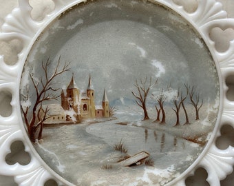 Victorian Hand Painted Winter Scene on Milk Glass