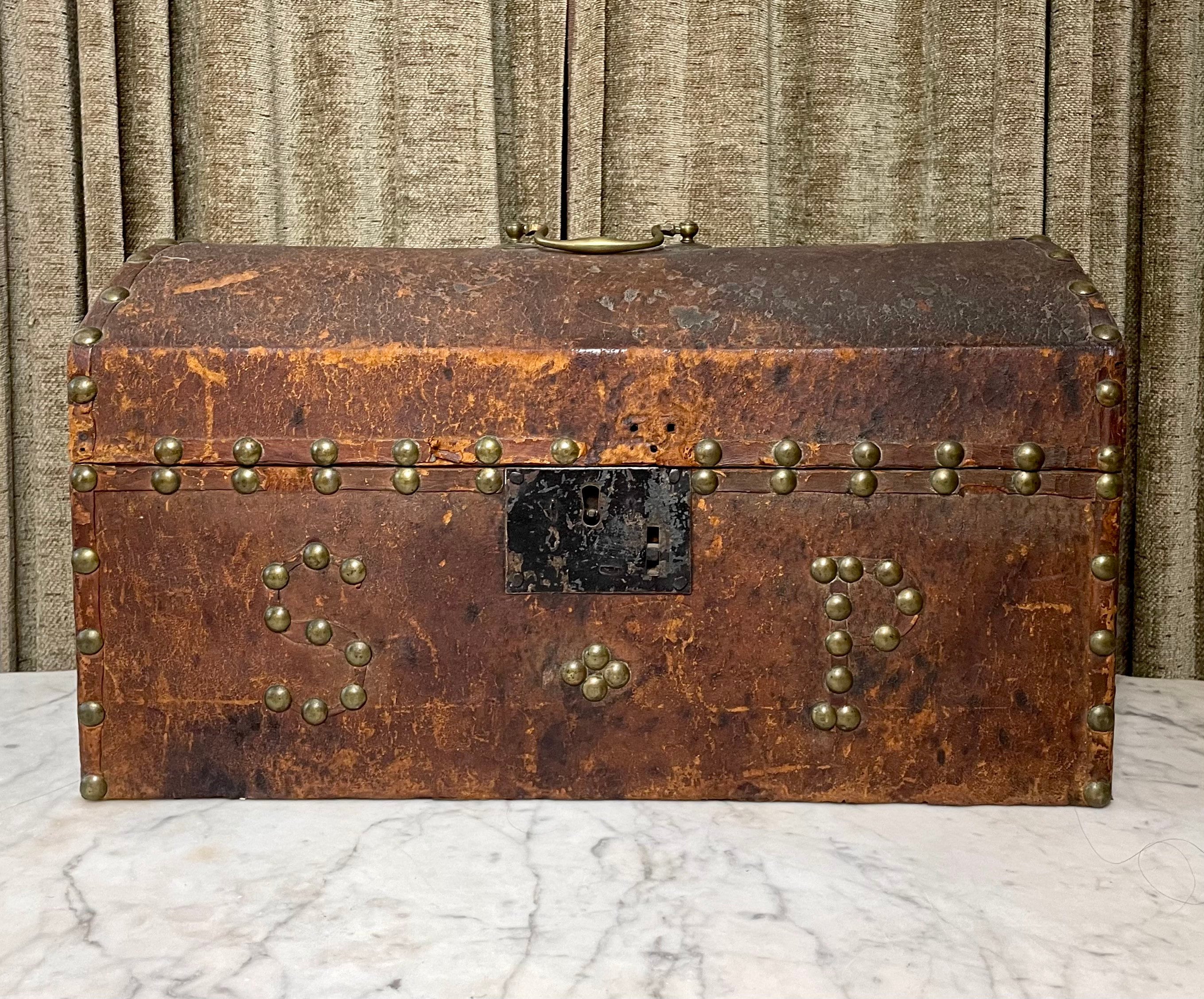 Home, Furniture, Trunk, Document, Hide Covered, Studded, Vintage 19th