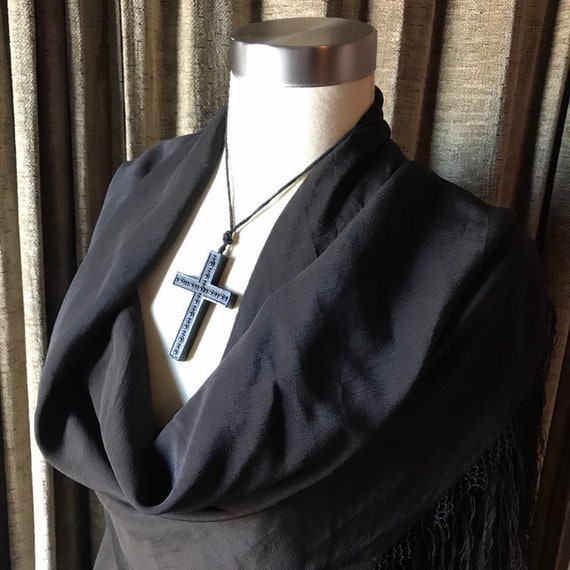 Victorian Black Silk Fringed Mourning Shawl
