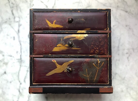 Antique Chinese Black Lacquer Jewelry Box