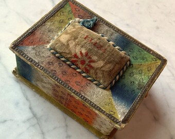 Early 19th Century Polychrome Box with Theorem Pincushion