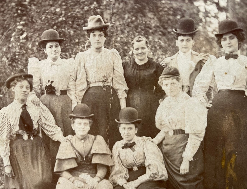 Victorian Cabinet Card Photo of Women in Bowler Hats image 1