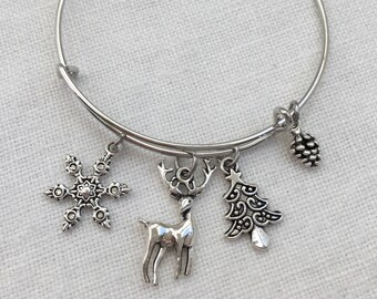 CHRISTMAS Reindeer Charm Bracelet, Snowflake Charm Bangle, Pine Cone Bracelet, Christmas Tree Charm Bangle, Expandable Bangle (B-20)