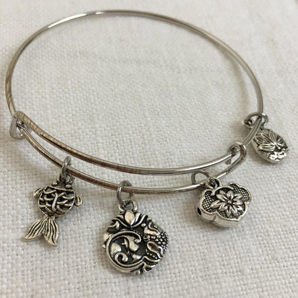 CHINESE LOTUS POND Charm Bracelet, Lotus Charm Bangle, Koi Bracelet, Lotus Charm Adjustable Bangle, Lotus Expandable Bangle (B-18)