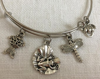 LOTUS POND Silver Charm Bracelet, Frog on Lily Pad Bangle, Koi Bracelet, Dragonfly Charm Adjustable Bangle, Lotus Expandable Bangle (B-6)