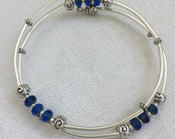 Silver and Blue Czech Picasso Glass Memory Bracelet, Swarovski Bracelet, Silver Tube Minimalist Bangle, Czech Crystal Bracelet (M-85)