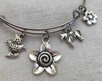 South of the BORDER Charm Bracelet, Mexican Charm Bangle, Bird Bracelet, Burro Charm Adjustable Bangle, Flower Expandable Bangle (B-2)