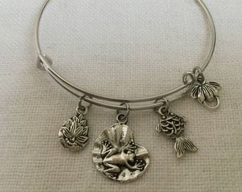 LOTUS POND Silver Charm Bracelet, Frog on Lily Pad Bangle, Koi Bracelet, Lotus Charm Adjustable Bangle, Lotus Expandable Bangle (B-13)