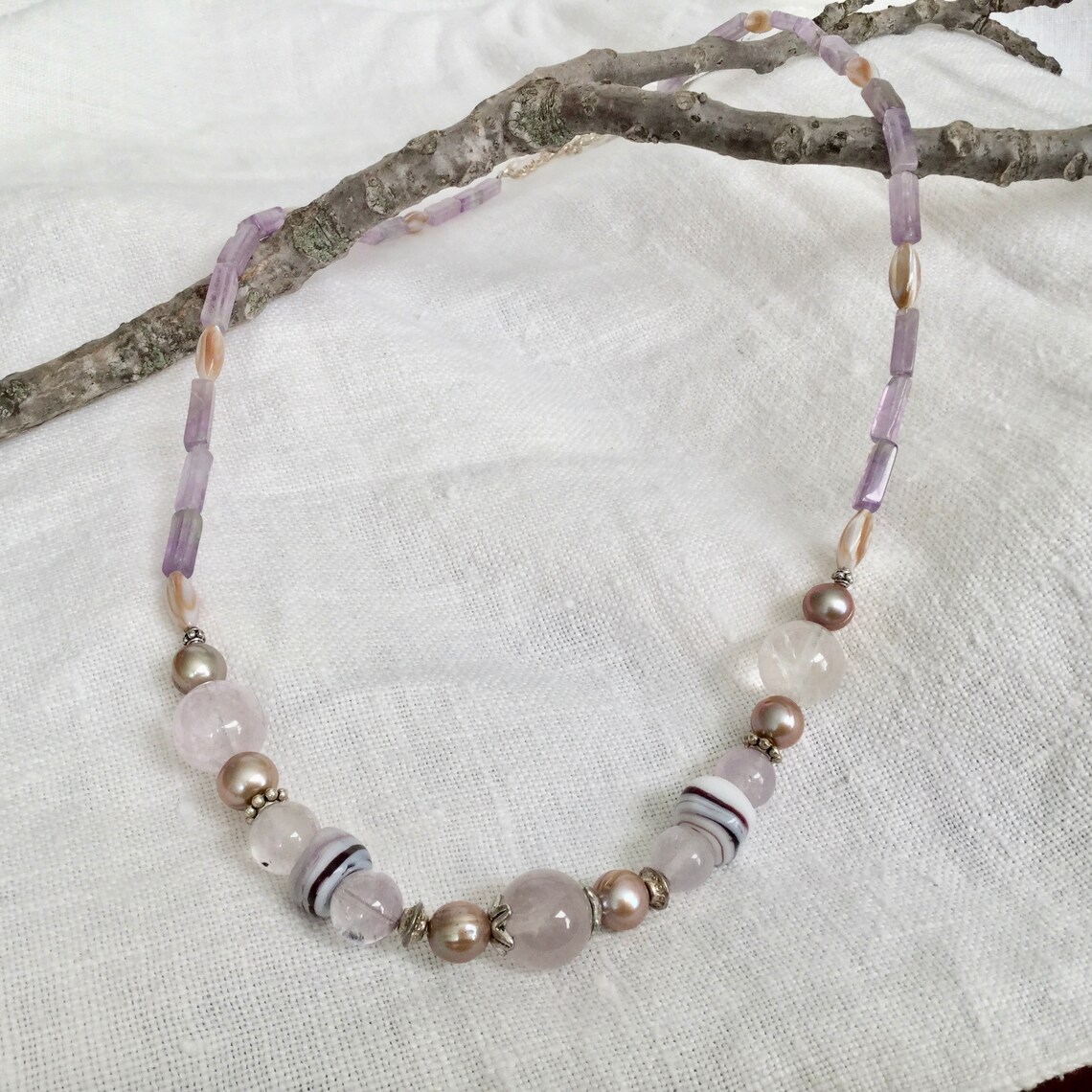 Amethyst Pearls Shell & Silver Beaded Statement Necklace - Etsy