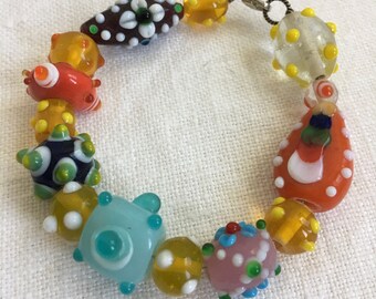 Colorful Fun Lampwork Glass Bead Bracelet, Floral Glass Beads, Whimsical Bracelet, Chunky Glass Bracelet, Orange Yellow Bracelet (JB-11)