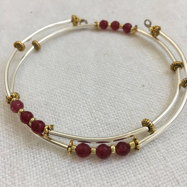 Gold Silver and Ruby Memory Wire Bracelet, Silver Tube Bangle, Silver Tube and Ruby Bangle, Minimalist Bangle, Gold Silver Bracelet (M-102)