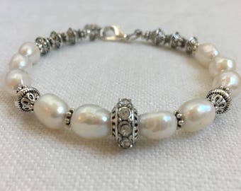 Pearl Crystal and Silver Bracelet, Pearl and Silver Bangle Bracelet, Memory Bracelet, Wedding Jewelry, Stackable, Bridal Bracelet (M-46)