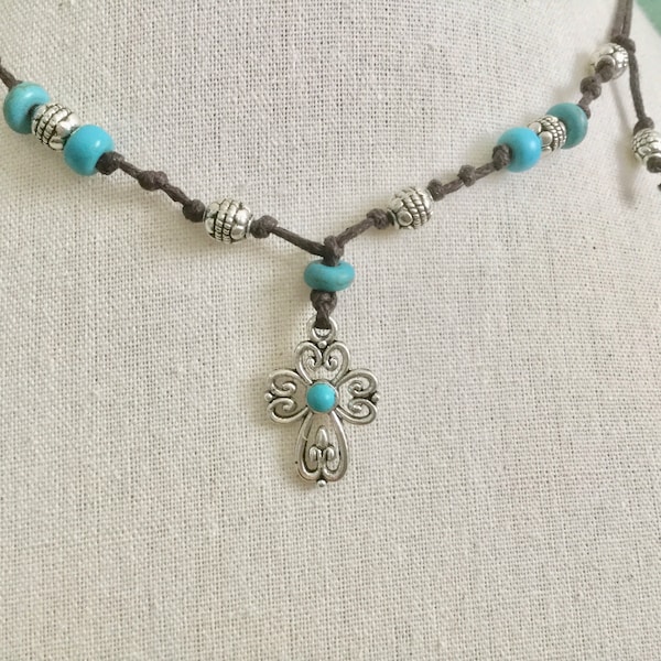 Turquoise Howlite & Tibetan Silver Cross Cord Necklace, Southwest Boho Gypsy Cowgirl Cross Necklace, Small Girls Cross Cord Necklace, (N-15)