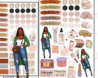 May include: A sticker sheet with a green and brown color scheme featuring a woman in a green cardigan and blue jeans, a car, candles, and text that says "Melanin Magic", "You Got This", "To Do List", "Fenty", "Love Your Self First", "I am Learning and Growing", and "Lip Cream".
