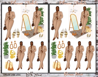May include: Planner stickers featuring illustrations of a woman in a tan suit, accessories, and home decor elements. The stickers include shoes, handbags, earrings, and rings. The text "URBAN vibe CHIC" and "Blk Hair" are visible.