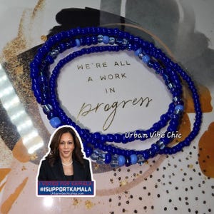 Kamala Harris Bracelet Set, Blue Beaded Bracelets with Collectible Sticker