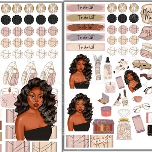 Pode incluir: Um conjunto de adesivos para planejador com uma mulher negra de cabelo encaracolado, cristais, velas e o texto "Melanin Magic" e "You Got This".