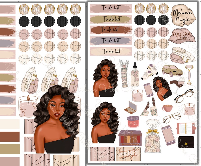 Pode incluir: Um conjunto de adesivos para planejador com uma mulher negra de cabelo encaracolado, cristais, velas e o texto "Melanin Magic" e "You Got This".
