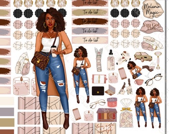 Kawaii Black Girl Stickers Hair Day Hair Salon Hair Rollers Printable Planner Stickers African American Curler Stickers Functional