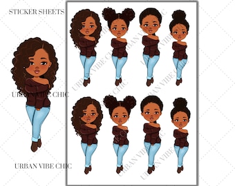 Puede incluir: Hojas de pegatinas con ilustraciones de mujeres negras en varios peinados y poses. Cada figura lleva un top marrón con hombros descubiertos, vaqueros azul claro y botas marrones. El texto "STICKER SHEETS" y "URBAN VIBE CHIC" son visibles.