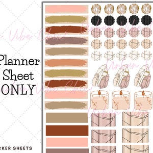 May include: A digital planner sticker sheet featuring a range of designs, including geometric patterns, crystals, candles, and brushstrokes in shades of brown, pink, and gold.